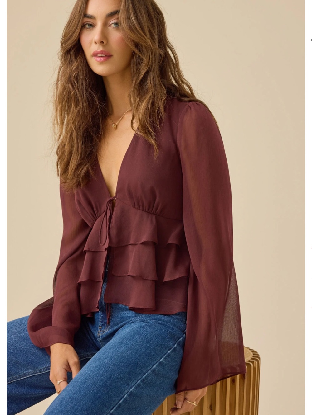 Altar’d State Womens Eva Top Size Medium Long Sleeve Ruffle Tie Front Wine Boho